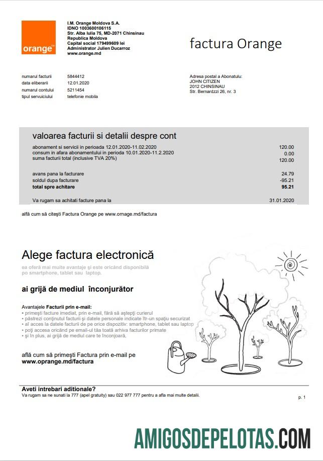 Em branco modelo de fatura de serviços públicos laranja Fatura da Moldávia em formato Word e PDF